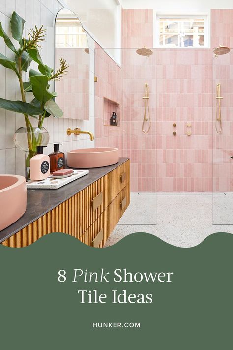 Pale Pink Tiles Bathroom, Soft Pink Bathroom Tile, Pink Shower Room Ideas, Pink Shower Tile Ideas, Pink Shower Bathroom, Pink Tiles Bathroom Ideas, Masculine Pink Bathroom, Modern Pink Tile Bathroom, Pink Tile Shower Bathroom