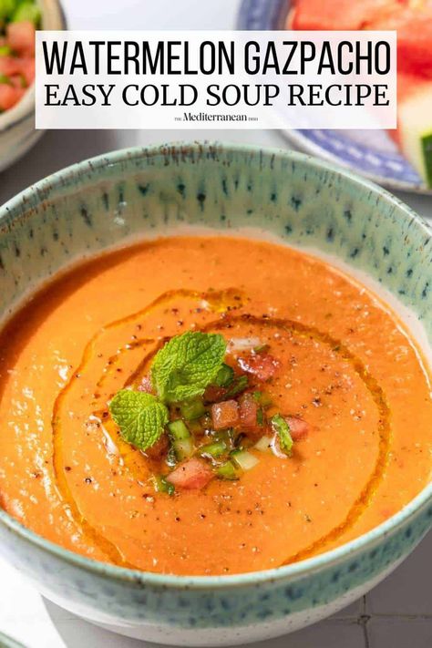 Watermelon Gazpacho Watermelon Gazpacho Recipe, Healthy Detox Soup, Cold Soup Recipes, Cold Soups, Gazpacho Recipe, Mediterranean Meals, Thanksgiving 2023, The Mediterranean Dish, Summer Soup