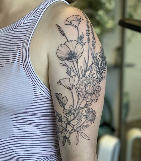 Flower Tattoo Designs Half Sleeve, Types Of Floral Tattoos, Lily And Wildflower Tattoo, Fine Line Floral Tattoo Upper Arm, Quarter Sleeve Flower Tattoo, Large Wildflower Tattoo, Old Fashion Flower Tattoo, Vintage Flower Tattoo Sleeve, Botanical Floral Tattoo