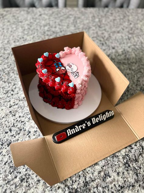 Spider Man Hello Kitty Cake, Hello Kitty And Spiderman Cake, Desserts For Boyfriend, Spider Man X Hello Kitty, Spider Man Cake, Hello Kitty Birthday Cake, Cake For Boyfriend, Kitty Cake, Funny Birthday Cakes