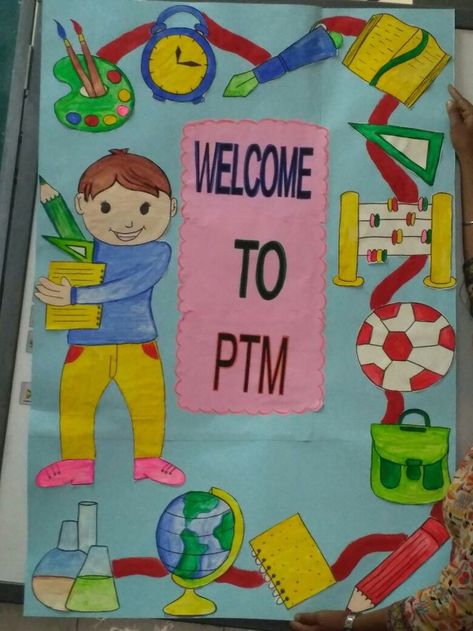 Board decoration Parents Teacher Meeting Decoration Ideas, Welcome To Ptm Board Decoration, Ptm Board Decoration Ideas School, Ptm Board Decoration, Teacher Meeting, Soft Board Decoration, Board Decoration Ideas, Kids Art Display, English Corner