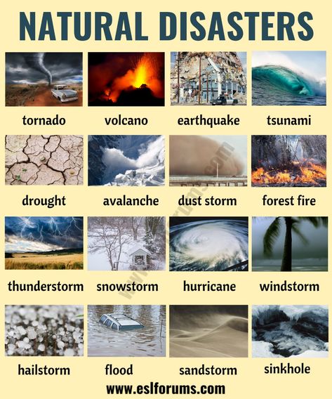 Natural Disasters: Different Types of Natural Disasters with ESL Pictures - ESL Forums Natural Disasters Lessons, Land Forms, Ingles Kids, Social Tips, Expand Your Vocabulary, Geography Lessons, Conversion Table, General Knowledge Book, English Vocab