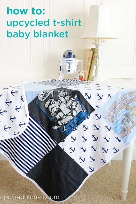 Learn how to create an upcycled t-shirt baby blanket from Daddy’s old shirts, like this adorable sci-fi-inspired blanket—it’s ideal for a little boy with a big imagination! This easy-to-make sewing craft may make a wonderful homemade baby shower gift or DIY birthday present for a toddler who loves to snuggle up and dream big. How To Make A T Shirt Quilt, Old Clothes Diy, Homemade Baby Gifts, Quilt Baby Blanket, Polka Dot Chair, Quilted Baby Blanket, T Shirt Quilt, Diy Vetement, Knit Fabrics