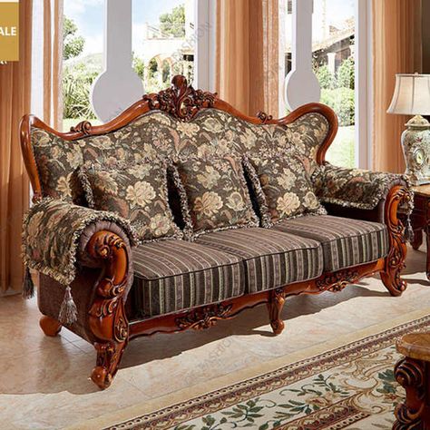 Source OE-FASHION Cloth fabric living room sofa American style wood carving cloth sofa on m.alibaba.com Antique Sofa Designs, Royal Sofa Design Wood, Sofa Cloth Fabrics, Traditional Sofa Living Room, Antique Sofa Living Room, Cleopatra Chair, Carving Sofa Design, Royal Sofa Design, Classic Luxury Living Room