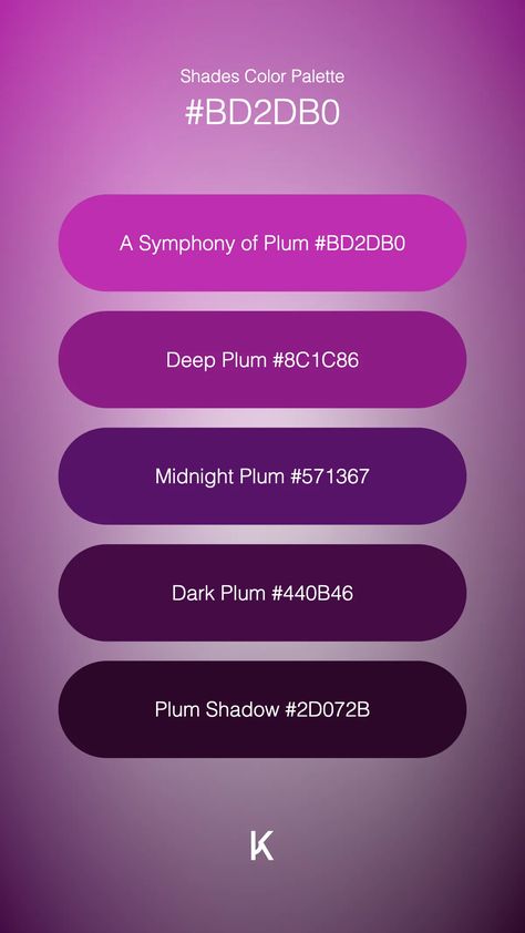 Shades Color Palette A Symphony of Plum #BD2DB0 · Deep Plum #8C1C86 · Midnight Plum #571367 · Dark Plum #440B46 · Plum Shadow #2D072B Plum Color Palette, Midnight Plum, Plum Wine, Hex Color Palette, Poetry Book, Deep Plum, Hex Colors, Purple Velvet, Poetry Books