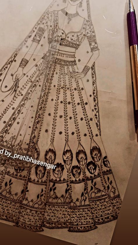 Indian Lehenga Drawing, Lehenga Pencil Sketch, Indian Dress Sketches Pencil, Bridal Lehenga Sketch Drawing, Bridal Sketches Indian Pencil, Bridal Drawing Indian Sketch, Bridal Lehenga Illustration Sketches, Bridal Choli Designs Indian Weddings, Bridal Illustration Indian Sketches