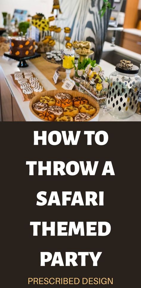 How to throw a safari themed party! Safari themed party ideas and inspiration. Kids party ideas. #ideasforkids #partyideas #birthdayparties #safari Safari Party Appetizers, Safari Table Decorations Jungle Theme Birthday Party Ideas, African Safari Theme Party, Safari Snack Ideas, Adult Jungle Theme Party, Wild One Birthday Party Food Ideas, Safari Dinner Party, Safari Theme Food, Safari Theme Food Ideas