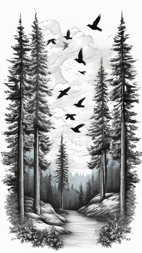 Drawn Tattoos, Forest Forearm Tattoo, Nature Tattoo Ideas, Forest Sketch, Storm Tattoo, Forest Tattoo, Scene Tattoo, Hunting Tattoos, See Tattoo