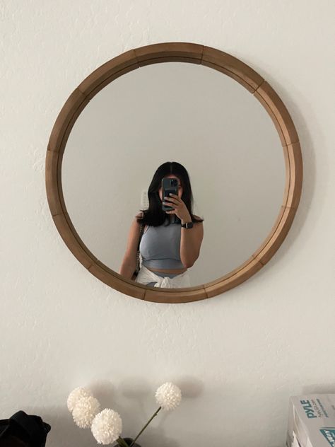 Ikea Circle Mirror, Wooden Circle Mirror, Circle Mirror Pics, Round Mirror Selfie, Circle Mirror Bedroom, Wood Circle Mirror, Cermin Aesthetic, Mirror Circle, Closet Mirror