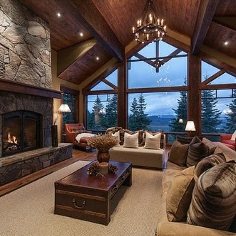 Log Home, lodge-style living room with huge stone fireplace, vaulted ceiling with beams, and large windows. Dröm Hus Planer, Montana House, Casa Country, Cabin Living, Log Cabin Homes, Dream Living, Rustic Living, Dream Houses, Beautiful Living Rooms