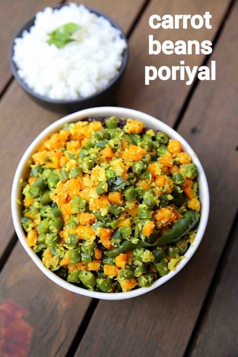 carrot beans poriyal recipe | carrot beans thoran | carrot beans stir-fry with step by step photo and video recipe. poriyal recipes are very common in south indian cuisine and is a must for day to day lunch and dinner. it can be made with myriad vegetables and also with the combination of veggies. one such hugely popular poriyal stir fry recipe is carrot beans poriyal ideally made for religious celebration feast. Beans Poriyal, Vegetarian Bean Recipes, Vegetarian Beans, Indian Lunch Recipes, Poriyal Recipe, South Indian Vegetarian Recipes, Hebbars Kitchen, Indian Lunch, Dry Curry