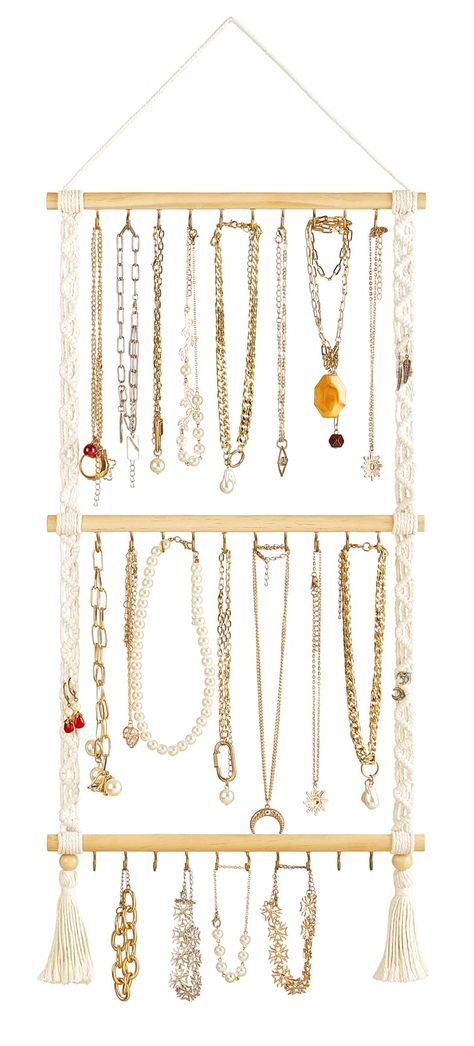 PRICES MAY VARY. cotton, wood Stylish Design: Wall hanging jewelry organizer is designed by using wooden sticks with hooks and cotton rope, filled with boho style,beautiful, pretty,sturdy and durable, suitable for any home decoration. Functional: Necklace display rack comes with 30 hooks to meet your daily use.The hooks are sturdy and durable. And the braided rope pattern on both sides can hair bow holder and hang earrings with fish hooks. Versatile Jewelry Organizer:The jewelry rack has enough Hanging Necklace Organizer, Wall Hanging Jewelry Organizer, Necklace Rack, Jewelry Storage Diy, Necklace Hanger, Bow Organizer, Diy Jewelry Display, Jewelry Organizer Wall, Diy Jewelry Holder