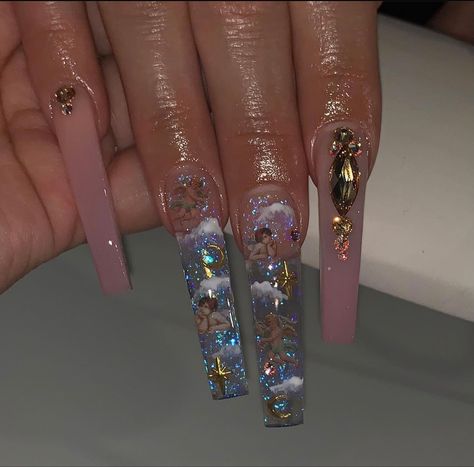 Fairy Theme Acrylic Nails, Angel Nails, Long Acrylic Nail Designs, Music On Spotify, Edgy Nails, Grunge Nails, Dope Nail Designs, Exotic Nails, Long Square Acrylic Nails