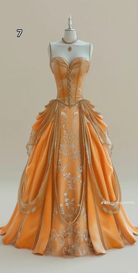 Fantasy Dress Orange, Orange Royal Dress, Sun Princess Dress, Orange Gown Aesthetic, Orange Princess Aesthetic, Twilight Dresses, Yellow Princess Gown, Orange Ballgown, Orange Princess Dress