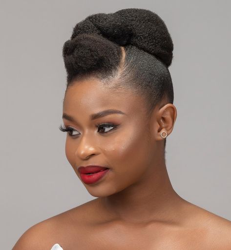 Wedding Updo for Natural Hair Styled Natural Hair For Black Women, Up Do Cornrows Black Women, Wedding Styles For Natural Hair, 4c Bun Hairstyles For Black Women, 4c Bridesmaid Hairstyles, Brides With Natural Hair, 4c Natural Updo Hairstyles, Natural Hair Bridal Updo Black Women, Wedding Ponytail Black Women