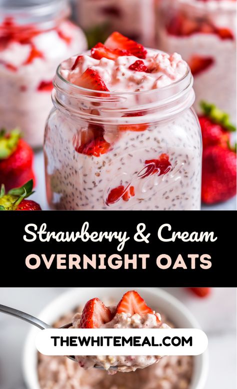 Discover the ultimate Strawberry and Cream Overnight Oats recipe! This quick, nutritious, and creamy breakfast combines sweet strawberries, oats, plant-based yogurt, and chia seeds for a delicious start to your day. Prep in 5 minutes, refrigerate overnight, and wake up to a ready-to-eat, wholesome treat. Perfect for busy mornings! Strawberry Jam Overnight Oats, Dairy Free Over Night Oats, Strawberry Chia Overnight Oats, Overnight Oats Plant Based, Overnight Oats Strawberries And Cream, Strawberry Cream Overnight Oats, Vanilla Overnight Oats Recipe, Over Night Oats Recipe Healthy, Overnight Oats For Diabetics