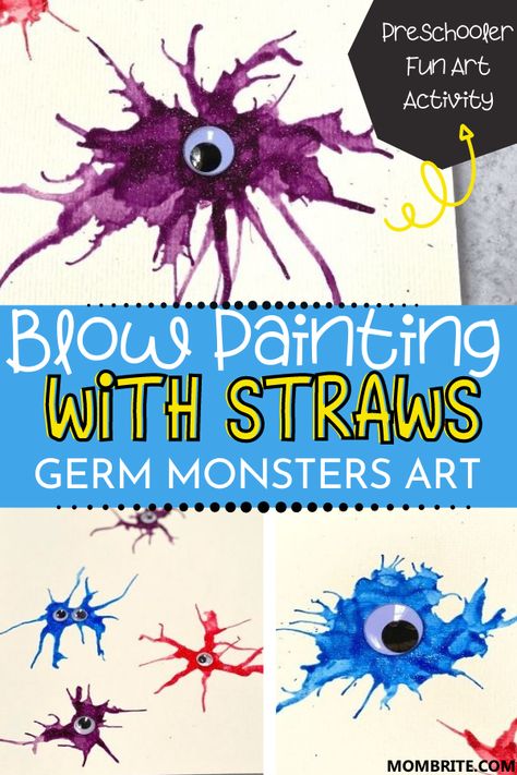 Germ Blow Painting Art, Germ Painting Preschool, Blow Paint Monsters Art, Exciting Activities For Preschool, Germs Crafts For Preschool, Preschool Straw Activities, Pretoddler Art Activities, Germ Activities For Kindergarten, Germ Preschool Crafts