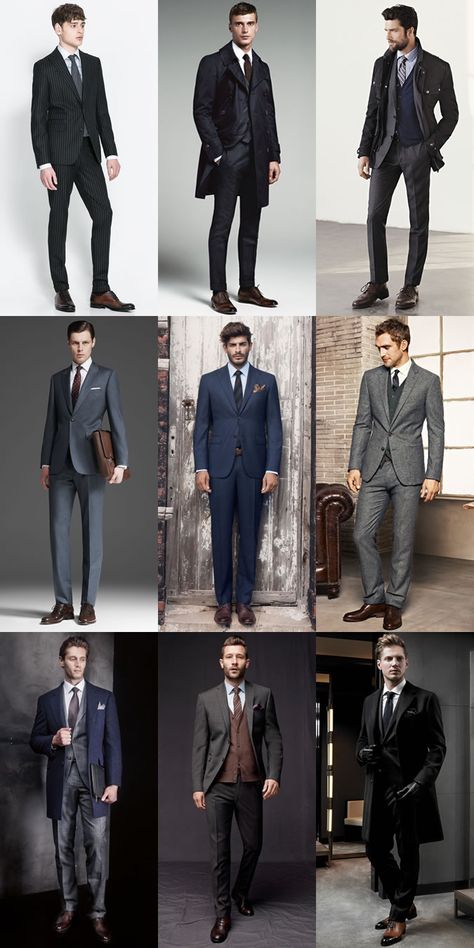 Brown Shoes With Grey, Navy And Black Suits - Outfit Inspiration Lookbook Suit Outfit Ideas Men, Black Suit And Brown Shoes For Men, Brown Shoes With Black Suit, Black Suit Shoes Men, Dark Brown Shoes Men Outfit, Black Suit Outfit Men, Black And Brown Suit, Dark Grey Suit Men, Brown Shoes Outfit Men