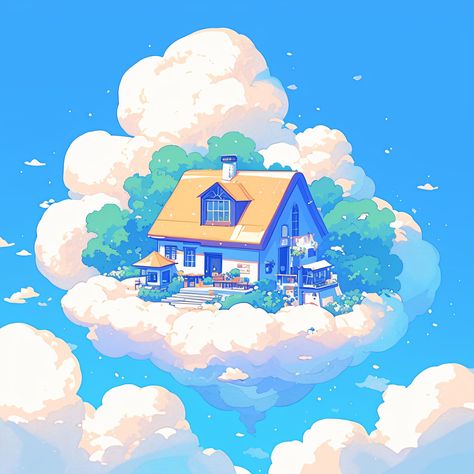 A cartoon cozy log cabin floating on a rock island amidst a sea of fluffy clouds. 🏡☁️✨ #FloatingCabin #SkyIsland #CloudHaven #Dreamscape #SurrealHome #SkyHighLiving #EtherealRetreat #FantasyGetaway #MagicalRealism #WhimsicalLiving #Anime #Cartoon Floating Island Illustration, Sky Cartoon, Island Illustration, Cloud Cartoon, House In The Clouds, Cartoon Sky, Cloud Aesthetic, Sky Island, Cute Cabins