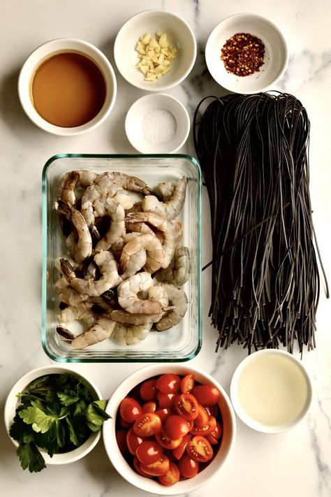 Squid Ink Pasta Recipe with Shrimp and Cherry Tomato Sauce - CucinaByElena Squid Ink Pasta With Shrimp, Squid Pasta Recipe, Squid Ink Pasta Recipe Sauces, Squid Ink Pasta Dishes, Black Squid Ink Pasta, Squid Ink Pasta Recipe, Squid Pasta, Pasta Receipes, Squid Ink Spaghetti