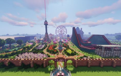 Amusment Parks Minecraft, Circus Minecraft Build, Minecraft Theme Park Entrance, Minecraft Amusement Park Entrance, Carnival Minecraft, Minecraft Theme Park Ideas, Minecraft Carnival Builds, Minecraft Casino, Minecraft Roller Coaster