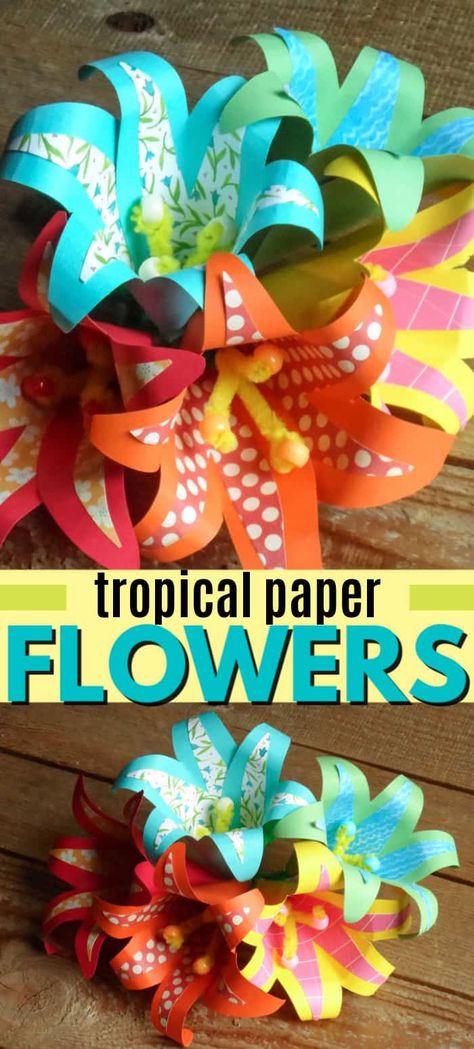 These bright and beautiful tropical paper flowers are made from scrapbook paper and card stock. I was inspired by the gorgeous tropical flowers in warm weather climates. #paperflowers #paperflowertutorial #papercrafts #paperlilies #tutorial #craftsbyamanda Tropical Paper Flowers, Rainforest Flowers, Beautiful Paper Flowers, Jungle Flowers, Celebrate Mom, Paper Flower Tutorial, Tropical Theme, Beautiful Paper, Paper Flowers Diy