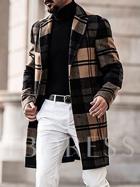 Mid-Length Notched Lapel Plaid Single-Breasted Men's Coat Mens Long Overcoat, Men's Trench Coat, Long Overcoat, Long Coat Jacket, Trench Coat Men, Plaid Coat, Long Sleeves Coats, Mens Plaid, Moda Vintage