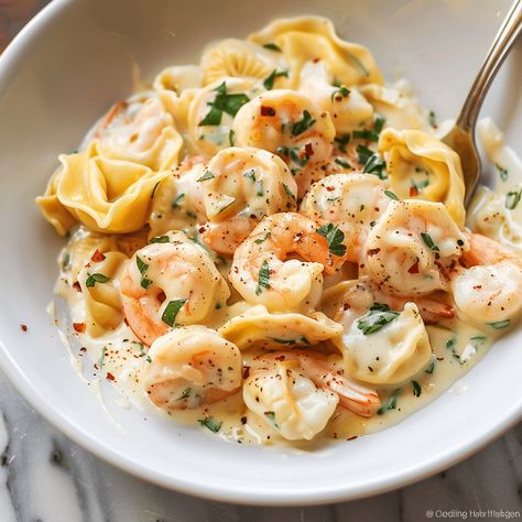 Shrimp Tortellini Alfredo Recipe - sandyrecipes.com Shrimp Tortellini Recipes, Shrimp Tortellini Alfredo, Shrimp Tortellini, Shrimp Alfredo Pasta Recipes, Tortellini Alfredo, Beef Recipe Instant Pot, Pasta Recipes Alfredo, Creamy Shrimp, Tortellini Recipes