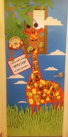 Jungle Theme Classroom Family Tree, Giraffe Classroom, Jungle Classroom Door, Safari Theme Classroom, Jungle Door, Door Classroom, Preschool Jungle, Bucket Fillers, Jungle Classroom