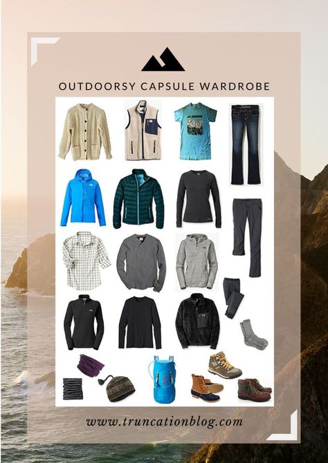 Hiking Wardrobe Capsule, Outdoor Capsule Wardrobe, Outdoorsy Capsule Wardrobe, Vanlife Wardrobe, Hiking Capsule Wardrobe, Minimizing Closet, Farming Outfits, Rv Wardrobe, Workout Capsule