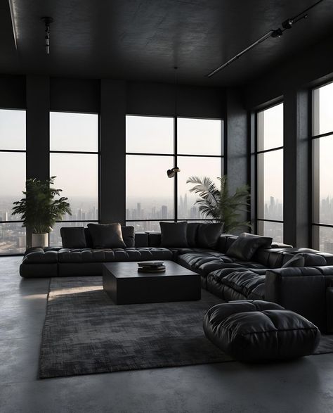 Living Room Masculine, Masculine House, Living Room Niche, Black Luxury House, Dark Living Room, Moody Interior Design, Black Apartment, Dark Interior Design, Industrial Living Room