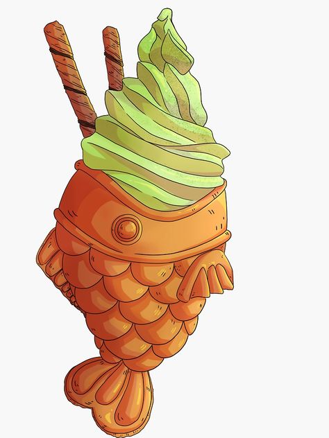 "Matcha Taiyaki" Sticker by VictoriaHamre | Redbubble Matcha Taiyaki, Japanese Food Illustration, Kunstjournal Inspiration, Japanese Food Art, 귀여운 음식 그림, 동화 삽화, Japanese Poster Design, Quick Sketches, Food Sketch