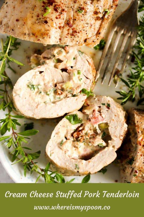 Comforting cream cheese stuffed pork tenderloin with bacon, green onions, and sun-dried tomatoes. This impressive looking yet straightforward recipe is fit for guests. #whereismyspoon #creamcheesestuffedporktenderloin #stuffedporktenderloin #stuffedporkfilet #creamcheeseporktenderloin #baconporktenderloin #baconstuffedporktenderloin #porktenderloinrecipes #porktenderloinfilet Cream Cheese Stuffed Pork Tenderloin, Pork Tenderloin With Bacon, Cheese Stuffed Pork Tenderloin, Pork Tenderloin Stuffed, Baked Pork Tenderloin, Pork Chop Recipes Baked, Stuffed Pork, Pork Loin Recipes, Tenderloin Recipes