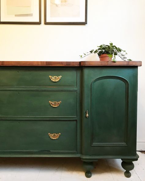 Painted in Amsterdam green and sealed with clear and dark wax on this Victorian pine sideboard - SOLD! Amsterdam Green, Green Painted Furniture, Green Dresser, Pine Sideboard, Green Furniture, Dark Wax, Furniture Rehab, Diy Furniture Renovation, Furniture Renovation