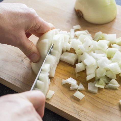 A properly cut onion starts with a sharp knife and the right technique. Our step by step guide explains how to mince, dice, or chop an onion for recipes. Butternut Squash Bisque, How To Cut Onions, Vegetable Scraps, Bawang Bombay, Veggie Stock, Cooks Illustrated, Vegan Soups, No Cooking, Diced Onions