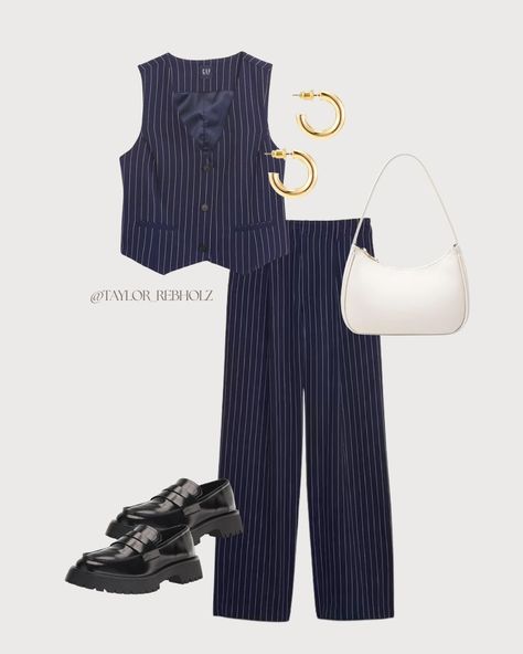 Fall outfit inspiration: → Gap: Pinstripe Vest → Gap: Pinstripe High Waisted Trousers → Amazon: Chunky black loafers → Amazon: White leather bag → Amazon: Small gold hoop earrings #falloutfit #ltkunder40 #ltkunder50 #ltkseasonal #pinstripesuit #pinstripetrousers #veststyling #loaferstyling Pinstripe Vest Outfit, Pinstripe Trousers Outfit, Small Gold Hoop Earrings, Trouser Outfit, Black Loafers, Pinstripe Suit, Outfit Inspiration Fall, High Waisted Trousers, White Leather