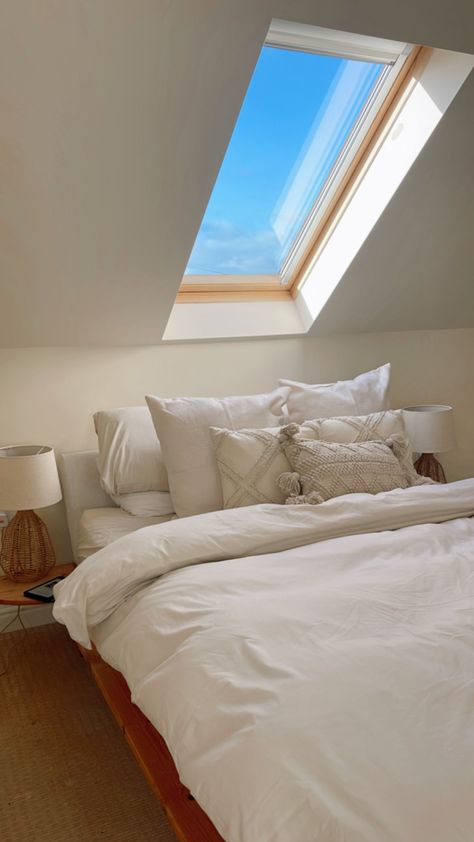 Bed Under Velux Window Ideas, Bedroom Velux Windows, Neutral Rattan Bedroom, Bedroom With Velux Window, Velux Bedroom, Velux Windows Bedroom, Neutral Bed, Rattan Bedroom, Velux Windows