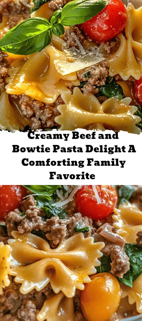 Looking for a quick and delicious weeknight meal? Try the Creamy Beef and Bowtie Pasta Delight! This comforting dish combines tender bowtie pasta with seasoned ground beef, fresh vegetables, and a rich creamy sauce that everyone will love. Ready in just 30 minutes, it's perfect for busy evenings or cozy family gatherings. Plus, you can easily customize it with different meats or veggies to suit your taste. Add a side salad and garlic bread for a complete meal. Discover how to create th Bow Tie Pasta Meals, Bowtie Pasta Dishes, Bowtie Pasta With Ground Beef, Beef And Bowtie Pasta Recipe, Creamy Beef And Bowtie Pasta, Creamy Bowtie Pasta Recipes, Bow Pasta Recipes, Bowtie Pasta Recipes, Different Meats