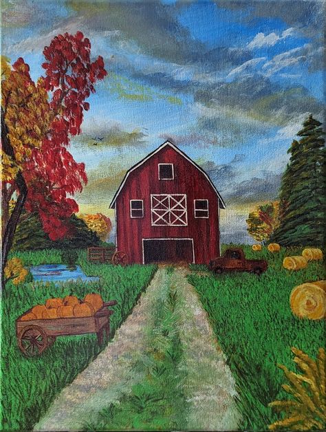 "8x10 print of acrylic painting; \"Homestead In Autumn\"" Farm Paintings Landscape, Group Painting, Puzzle Ideas, Beach Sunset Painting, Autumn Art Print, Farm Pictures, Barn Pictures, Farm Paintings, Charlotte's Web