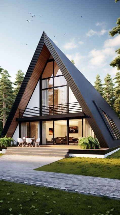 Modern Wood House, Wood House Design, Triangle House, A Modern House, Farmhouse Architecture, A Frame House Plans, Cabin House Plans, Frame House, Prefabricated Houses