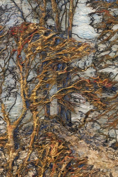 Artists That Use Texture, Fiber Art Landscapes, Woodland Textiles, Lesley Richmond, Decay Fashion, A Level Textiles, Landscape Art Quilts, Art Alevel, Textile Art Embroidery