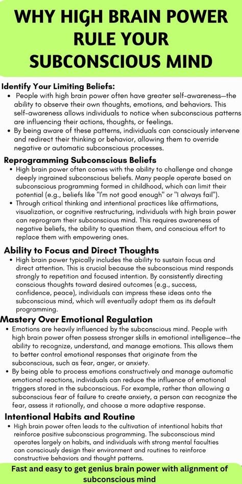 High brain power rules your subconscious mind by sharpening focus, reprogramming limiting beliefs, and strengthening positive habits. Through visualization, mental discipline, and clear intention, you can guide your subconscious to work in alignment with your conscious goals, unlocking creativity, intuition, and success. Learn how to tap into the full potential of your mind and transform your life! #BrainPower #SubconsciousMind #Mindset #SelfImprovement #Success Mental Discipline, Subconscious Mind Power, Energy Healing Spirituality, Mind Power, Positive Habits, Brain Power, Positive Self Affirmations, Lesson Quotes, Life Lesson Quotes