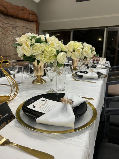 White gold and black decor small party graduation party Graduation Party Black And White, White And Black Graduation Party, Gold And White Graduation Party Ideas, Formal Graduation Party Ideas, Luxury Graduation Party, Black Gold White Party, Black And Gold Grad Party, Black And Gold Graduation Party Ideas, White And Gold Graduation Party