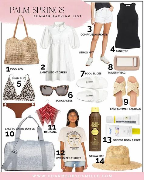 Palm Springs Packing Checklist for Summer | palm springs checklist | palm springs living | casual summer trip | packing checklist | palm springs | weekend getaway | weekend vacation | palm springs vacation | LA fashion blogger | Charmed by Camille #palmsprings #checklist Packing For Palm Springs, Summer Trip Packing, Palm Springs Packing List, California Spring Break, Palm Springs Weekend, Packing List Spring, Travel Wardrobe Spring, Spring Vacation Outfits, Weekend Packing List