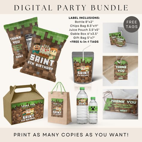 Mine Crafter Party Favors Bundle, FREE 4-in-1 Tags | Printable Mine Crafter Chips Bag Juice Bottle Gable Box Gift Bag Label DIGITAL DOWNLOAD Minecraft Gift Bags, Minecraft Loot Bag Ideas, Minecraft Drink Labels, Free Minecraft Party Printables Water Bottles, Minecraft Chip Bag, Juice Bottle, Bag Label, Gable Boxes, Juice Bottles