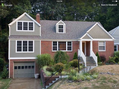 Red brick with gray cedar shake gable Brick House Trim, Orange Brick Houses, Outdoor Paint Colors, Brick House Colors, Red Brick House Exterior, Red Brick Exteriors, Green Siding, Brick Siding, White Siding