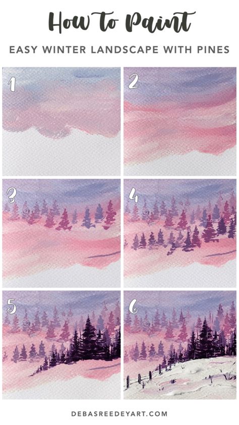 Easy Winter Landscape with Snowy Pine Trees in 10 easy steps - Debasree Dey Art Winter Painting Ideas Step By Step, Winter Forest Painting Easy, Winter Step By Step Painting, Winter Art Painting Acrylics, How To Paint A Winter Scene, Winter Landscape Painting Easy, Winter Wonderland Painting Easy, Winter Painting Ideas Acrylic, Winter Abstract Painting