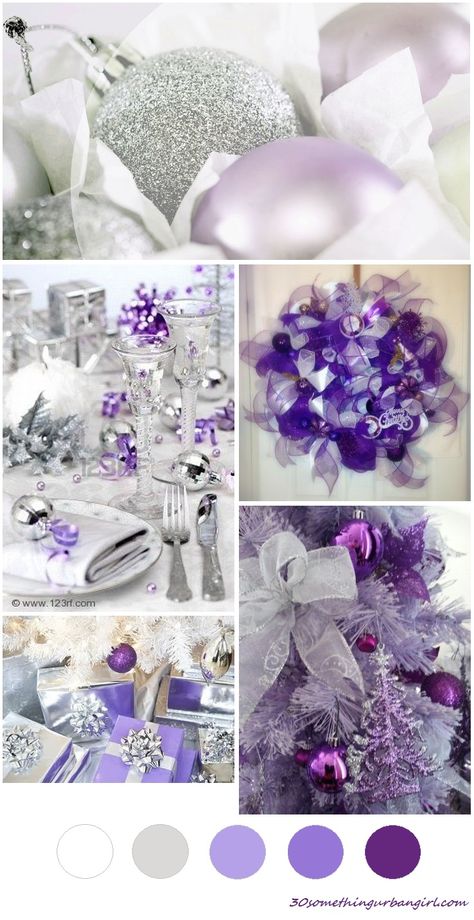 Purple Christmas Wedding, Purple And Silver Christmas, Homely Decor, Silver Winter Wedding, Silver Color Palette, Purple And Silver Wedding, Christmas Colour Schemes, Purple Wedding Inspiration, Christmas Color Palette