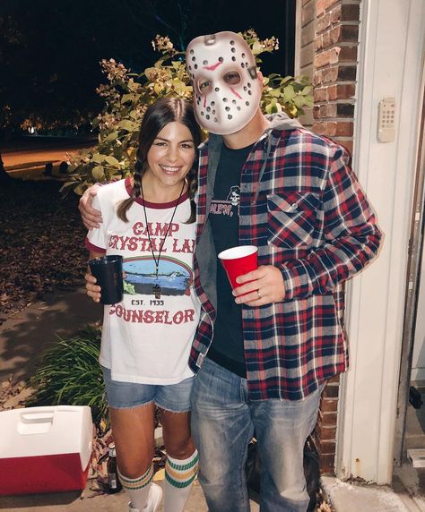 Camp Counselor Halloween Costume, Jason And Camp Counselor Costume, Carrie Couple Costume, Camp Crystal Lake Counselor Costume, Friday The 13th Costumes, Camp Counselor Costume, Camp Counselor Jason, Camp Costume, Slasher Party