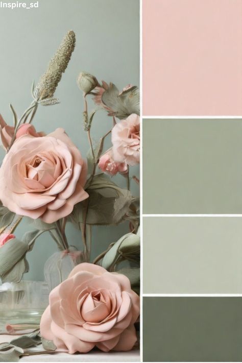 Green Pink Paint Palette, Blush And Sage Wall Art, Sage Color Room Ideas, Green And Blush Pink Living Room, Paint For Walls Colors, Sage And Pink Palette, Sage And Pink Interior, Blush Pink And Green Bedroom Ideas, Colours That Compliment Sage Green